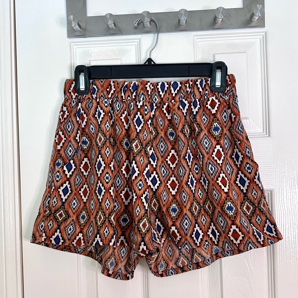 Brown Tribal Print Dainty Hooligan Shorts with Pockets and Elastic Waistband, M